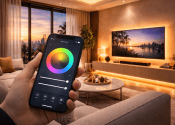 Pengaturan skema warna lampu ruangan secara digital guna menciptakan atmosfer yang nyaman dan artistik di dalam rumah.