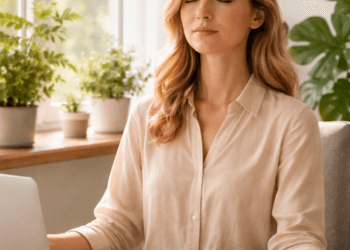 Ilustrasi seorang pekerja yang sedang melakukan teknik pernapasan untuk mengelola mental burnout di meja kerja yang rapi.