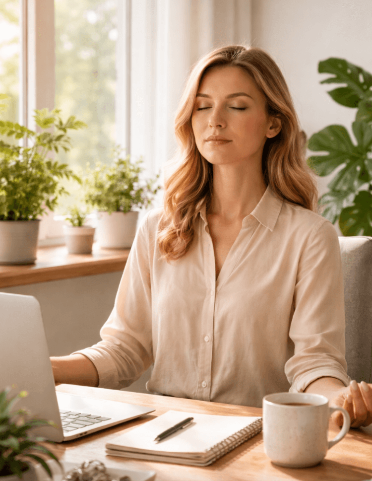 Ilustrasi seorang pekerja yang sedang melakukan teknik pernapasan untuk mengelola mental burnout di meja kerja yang rapi.