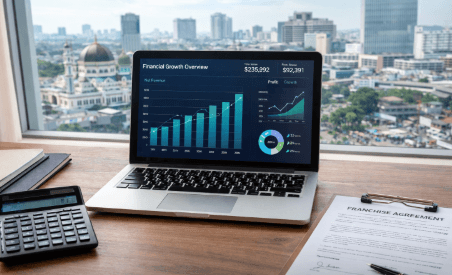 Analisis data keuangan dan perhitungan matematika guna memprediksi jangka waktu kembalinya modal awal dalam bisnis waralaba.