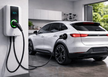 Pemasangan unit pengisian daya mandiri di garasi rumah yang terintegrasi dengan sistem kelistrikan gedung guna pengisian daya kendaraan listrik yang praktis.