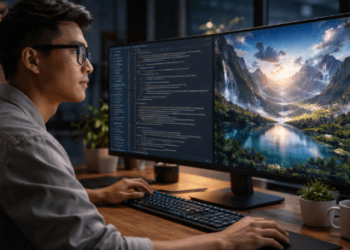 Seorang ahli pengembang instruksi kecerdasan buatan yang sedang menyelaraskan kode teks menjadi karya seni visual berkualitas tinggi.