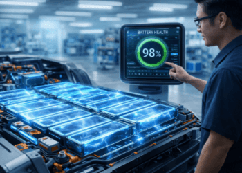Visualisasi komponen sel baterai kendaraan listrik yang terjaga kualitasnya melalui pemantauan sistem manajemen baterai yang cerdas.