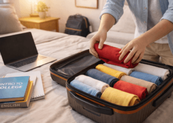 Cara packing barang kuliah yang efisien dengan teknik melipat baju di dalam koper.