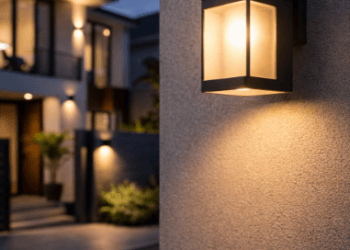 Pemasangan perangkat sensor lampu otomatis pada dinding luar rumah untuk sistem keamanan hunian yang cerdas.