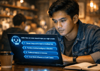 Infografis cara memancing ide kecerdasan buatan demi menemukan topik riset tugas akhir mahasiswa.