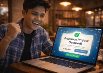 Infografis panduan buru penyewa jasa maya yang menampilkan mahasiswa memenangkan tawaran pemesan proyek lepas.