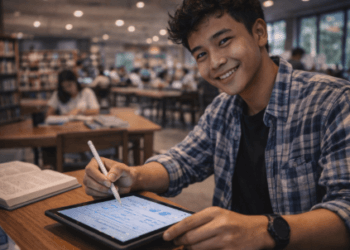 Infografis trik beli tablet kampus hemat yang menampilkan mahasiswa memilih sabak maya mahasiswa.