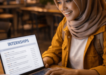 Infografis trik temukan lokasi praktik kerja yang menampilkan mahasiswa menerapkan jurus cari tempat magang kampus.