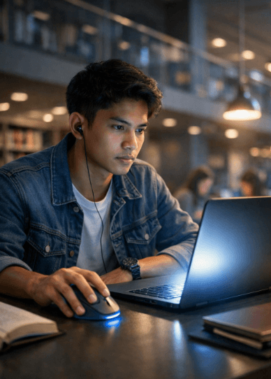 nfografis trik beli alat penunjuk layar yang menampilkan mahasiswa memilih tetikus nirkabel mahasiswa.