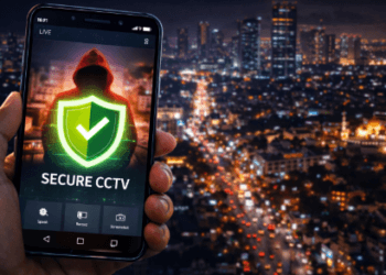 Infografis trik cegah hack CCTV rumah yang menampilkan perisai digital pelindung lensa dari ancaman maling siber.