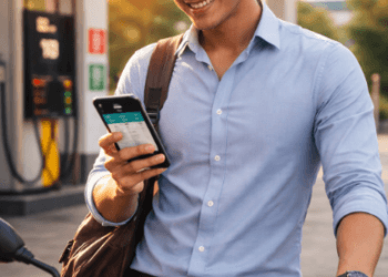 Infografis trik pantau tarif bahan bakar minyak yang menampilkan pemuda menerapkan jurus cek daftar harga Pertamina.