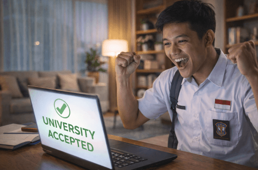 Infografis trik lihat hasil seleksi nasional yang menampilkan peserta menerapkan jurus cek pengumuman SNPMB.