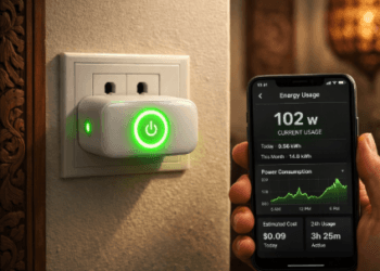 Infografis colokan pintar hemat listrik yang menampilkan stopkontak cerdas pemutus arus mesin perabotan.