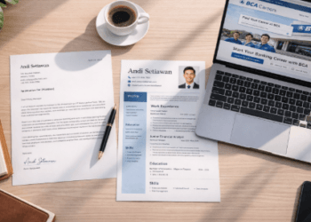 Contoh dokumen Lamaran Kerja Bank Medan yang tersusun rapi di atas meja kerja profesional.