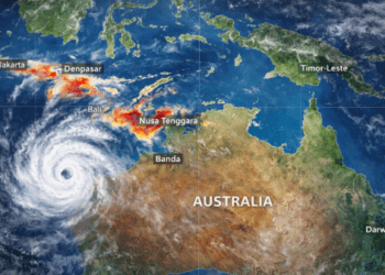 Peta prakiraan Cuaca BMKG 2026 Siklon Narelle yang memicu hujan lebat di wilayah pesisir selatan Indonesia.