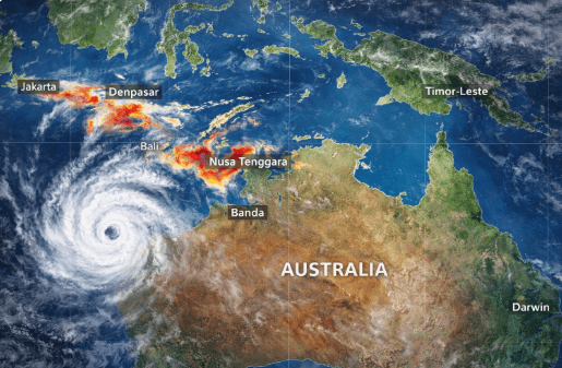 Peta prakiraan Cuaca BMKG 2026 Siklon Narelle yang memicu hujan lebat di wilayah pesisir selatan Indonesia.