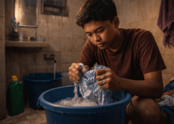 Infografis trik bersihkan pakaian pondokan mandiri yang menampilkan mahasiswa menerapkan jurus cuci baju kos sendiri.