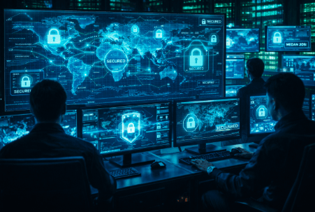 Pusat pemantauan lalu lintas data dalam Cyber Security Medan 2026.