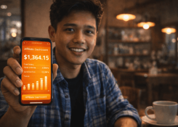 Infografis trik sebar tautan jualan maya yang menampilkan mahasiswa meraih komisi promosi barang