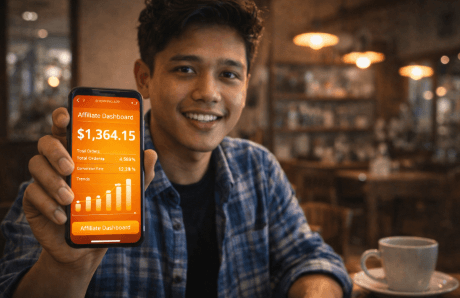 Infografis trik sebar tautan jualan maya yang menampilkan mahasiswa meraih komisi promosi barang