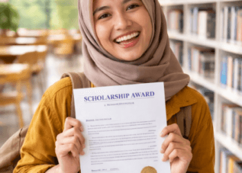 Infografis trik lamar bantuan dana pendidikan yang menampilkan mahasiswa menerapkan jurus daftar beasiswa kuliah.