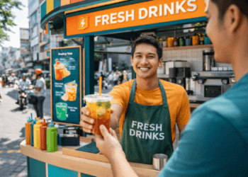 Gerai minuman portabel dengan desain modern yang menawarkan paket kemitraan terjangkau bagi pengusaha mikro di wilayah perkotaan.