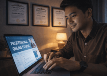 Infografis trik ikuti pelatihan tanpa biaya yang menampilkan pemuda menerapkan jurus daftar bantuan kursus keahlian gratis.