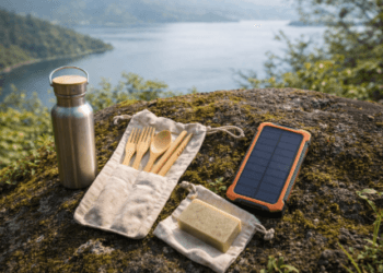 Susunan peralatan berkemah ramah lingkungan yang tidak menghasilkan sampah plastik sekali pakai untuk menjaga kelestarian Danau Toba.