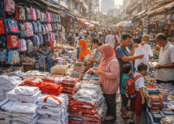 Suasana kesibukan warga Medan saat mencari perlengkapan sekolah murah di pusat grosir Jalan Sambu menjelang tahun ajaran baru.