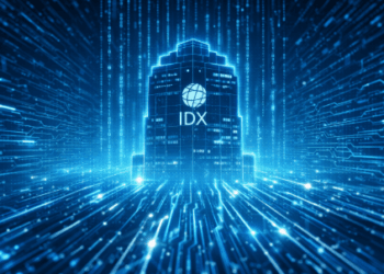 Visualisasi aliran data digital yang melambangkan potensi pertumbuhan saham teknologi Indonesia di masa depan.