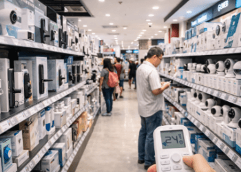 Suasana di dalam toko elektronik di Medan yang menyediakan berbagai perangkat keamanan rumah seperti CCTV dan alarm.