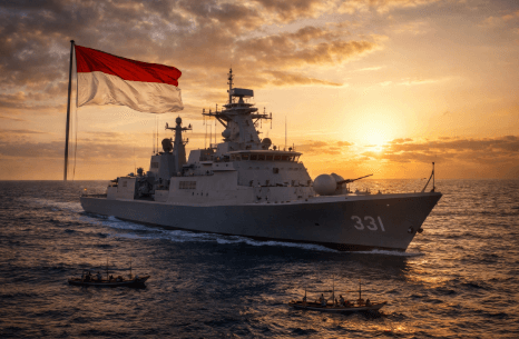 Kapal perang TNI AL sedang mengawal kapal nelayan lokal guna menjaga kedaulatan di wilayah Laut Natuna Utara.