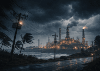 Gambaran visual mengenai Dampak Siklon Narelle 2026 yang menghentikan operasional kilang gas di wilayah Australia Barat.