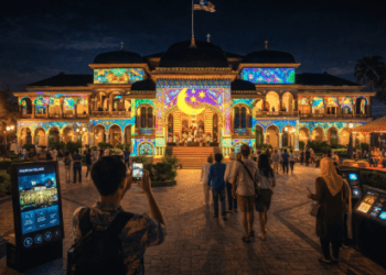 Pertunjukan teknologi proyeksi cahaya yang memeriahkan Pariwisata Budaya Medan 2026.