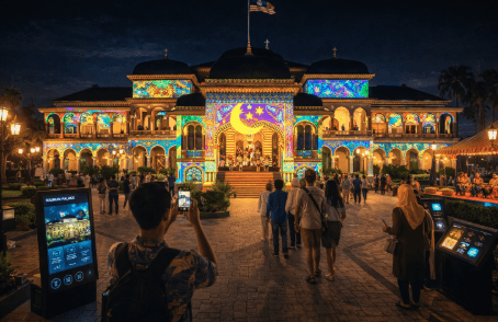Pertunjukan teknologi proyeksi cahaya yang memeriahkan Pariwisata Budaya Medan 2026.