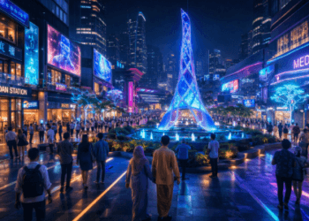 Kawasan pedestrian modern di Medan 2026 dengan dekorasi lampu neon dan teknologi hologram yang menarik wisatawan.