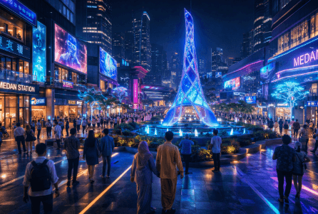 Kawasan pedestrian modern di Medan 2026 dengan dekorasi lampu neon dan teknologi hologram yang menarik wisatawan.