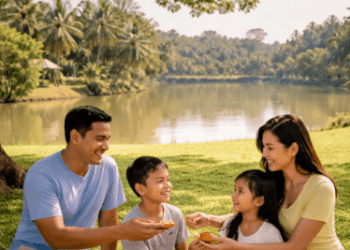 Keluarga sedang piknik santai di area hijau Taman Cadika Medan Johor saat mencari destinasi wisata murah di Medan.