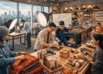 Aktivitas produktif para pelaku usaha di pusat Ekonomi Kreatif Medan 2026 yang modern.