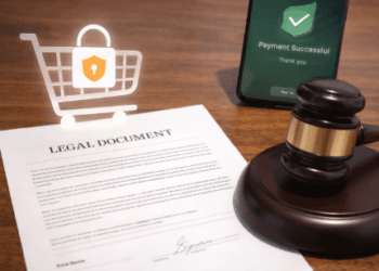 Visualisasi kepastian hukum dan prosedur transaksi yang aman guna melindungi hak penjual dan pembeli dalam perdagangan elektronik.