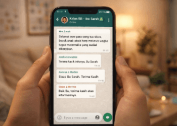 Tampilan layar ponsel yang menunjukkan pesan sopan dalam grup WhatsApp sekolah sebagai contoh etika berinteraksi dengan guru.