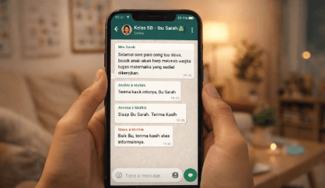Tampilan layar ponsel yang menunjukkan pesan sopan dalam grup WhatsApp sekolah sebagai contoh etika berinteraksi dengan guru.