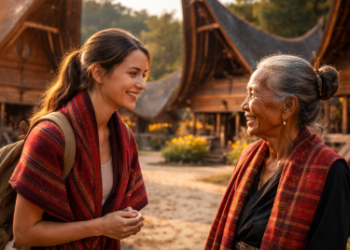 Interaksi yang sopan antara pendatang dan penduduk asli di kawasan desa adat guna menjaga keharmonisan selama kunjungan wisata.