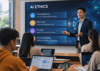 Infografis etika penggunaan AI di kampus yang menjelaskan batas aman mahasiswa memakai kecerdasan buatan saat mengerjakan tugas kuliah.