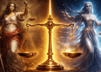 Visualisasi keseimbangan antara kreativitas manusia dan teknologi kecerdasan buatan dalam koridor hukum hak cipta.