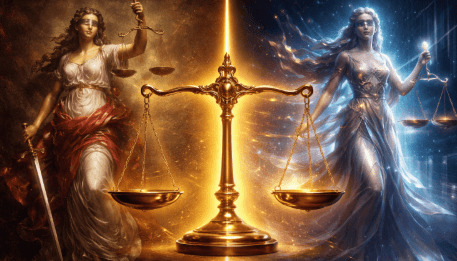 Visualisasi keseimbangan antara kreativitas manusia dan teknologi kecerdasan buatan dalam koridor hukum hak cipta.