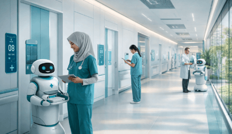 Suasana lorong rumah sakit yang menerapkan sistem Kesehatan Smart Medan 2026.