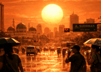Pemandangan Kota Medan di bawah terik matahari April 2026 yang memicu cuaca panas ekstrem di Sumatera Utara.