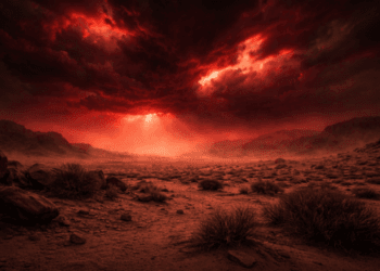 Persepsi visual manusia terhadap Fenomena Langit Merah Darah yang muncul saat badai debu Siklon Narelle di Australia Barat.